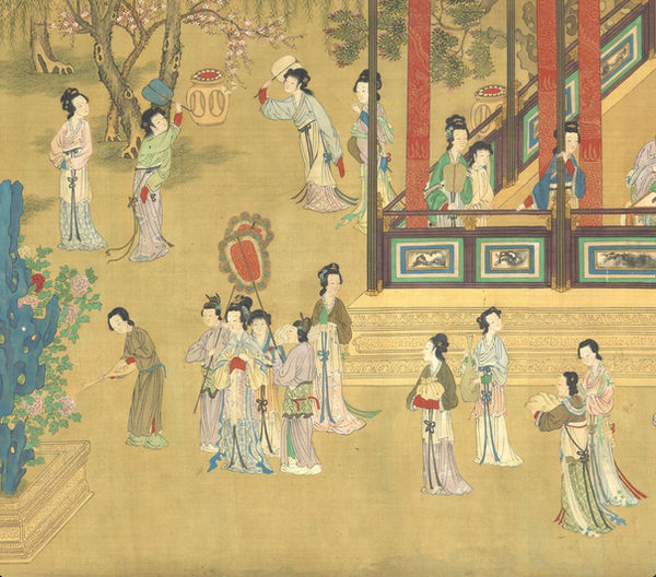 Traditional Chinese Dresses and Hairstyles of Women of the Ming Dynasty in the Painting "Beautiful Ladies" by Qiu Ying